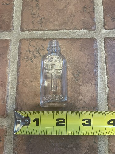 Vintage HEILIGWASSER Glasflasche OHNE VERSCHLUSS Schraubverschluss geprägtes Kreuz & Weihwasser 3"