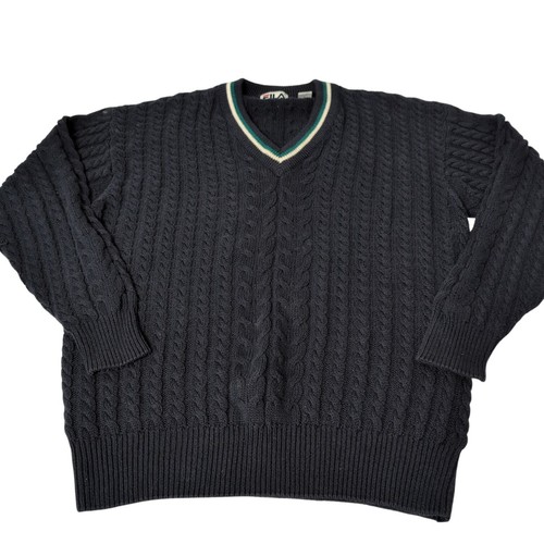Fila, Vintage Fila Cable Knit Sweater Mens Size Large Blue Tennis V Neck Preppy Cotton