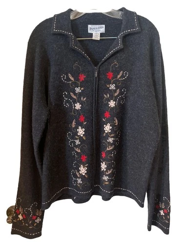 VTG Pendleton Gray 100% Wool Floral Embroidered Cardigan Sweater Womens L Tall