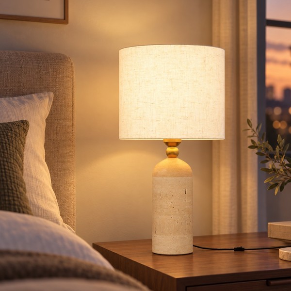 Homcom Tischlampe Tischleuchte Mit Stoffschirm, Travertin-Sockel, Beige-image