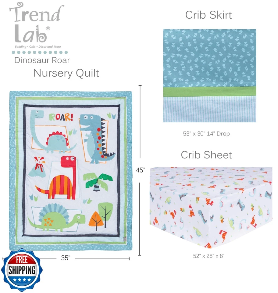Trend Lab Dinosaur Roar Transpirable Juego de Ropa de Cama para Cuna de 3 Piezas, Se Puede Usar Como A Foto 3 de 4