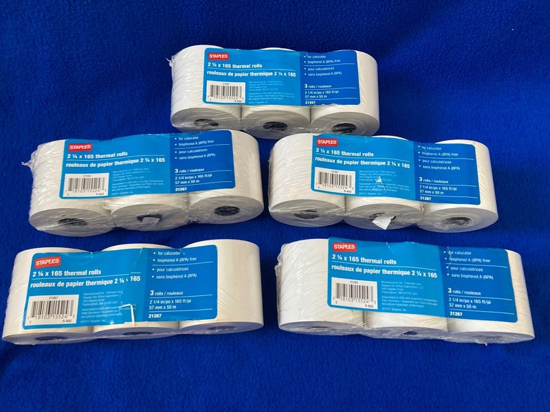 15 Staples Thermal Paper Rolls, 2 1/4" x 165',  21267,  - New in Packages