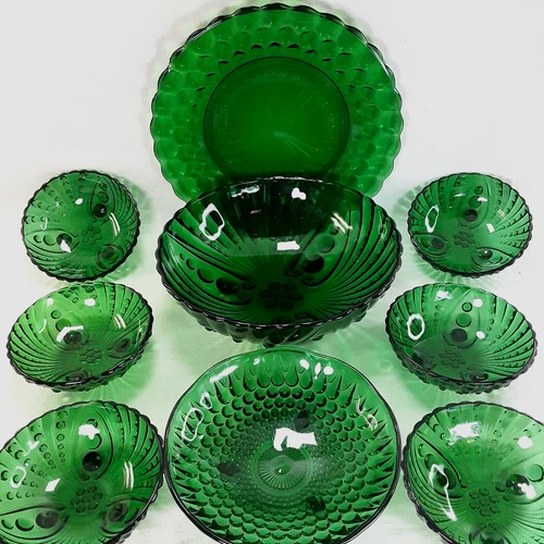 Lot of 9 Vintage Anchor Hocking Glass Emerald Green Bubble & Burple Dishware Set