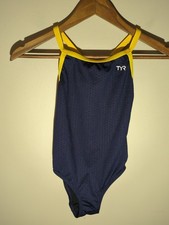 TYR Hexa Diamondfit Navy Gold Athletic One Piece Swimsuit 28 Swim Team Train