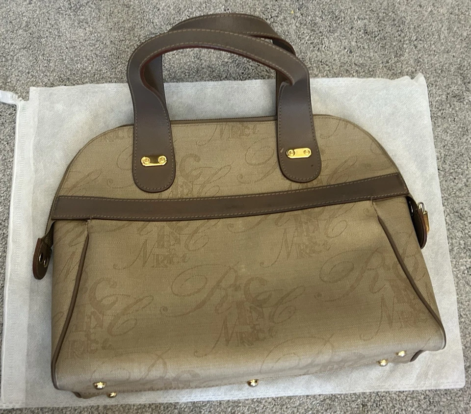 Bolso de Hombro Vintage Nina Ricci Monograma Lona Cuero Marrón Borde Dorado Herrajes Foto 2 de 4