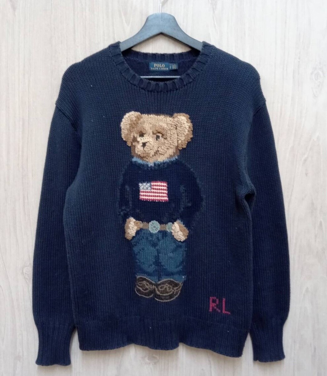 Polo by Ralph Lauren ポロベア　bear アメリカ Polo Ralph Lauren Polo Bear USA Flag 3D Hand Knit Sweater Navy