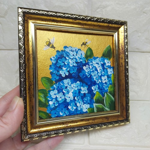 Bee Painting Bumblebee on hydrangea Miniature Art Honeybee Insects Gold Framed - Picture 4 of 8