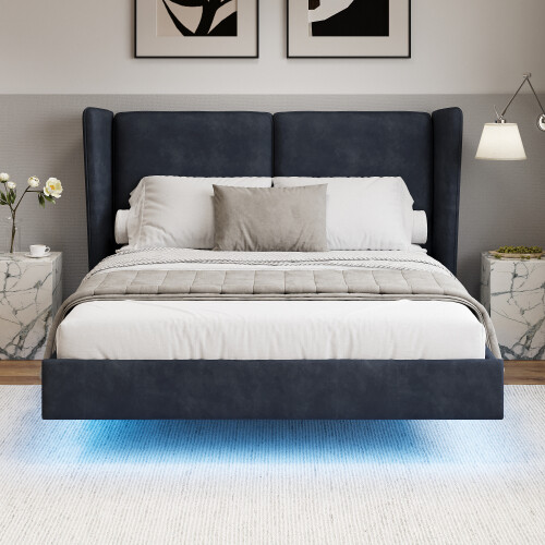 Queen Size Bed Frame Gray Modern Style Velvet Fabric Floating Frame w/ LED Light - Picture 2 of 9