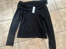 NWT Michael Stars S M Aspen Black Ribbed Top Blouse Of The Shoulder
