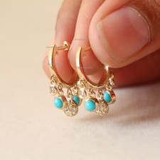 Solid 14k Yellow Gold Turquoise & Diamond Drop Hoops Earrings Handmade Jewelry