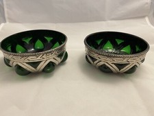 Set Of 2 Silver Bowls With Emerald Green Handblown Glass Inlaid Made In India