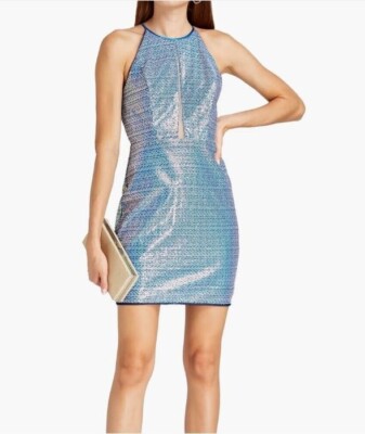 Aidan Mattox Formal Sequin Halter Mini Dress with Cutout Size 2 Marine Blue  NWT | eBay