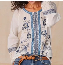 NEW Sundance Catalog “Lauren” Linen Blue Embroidered Blouse Boho by Johnny Was L
