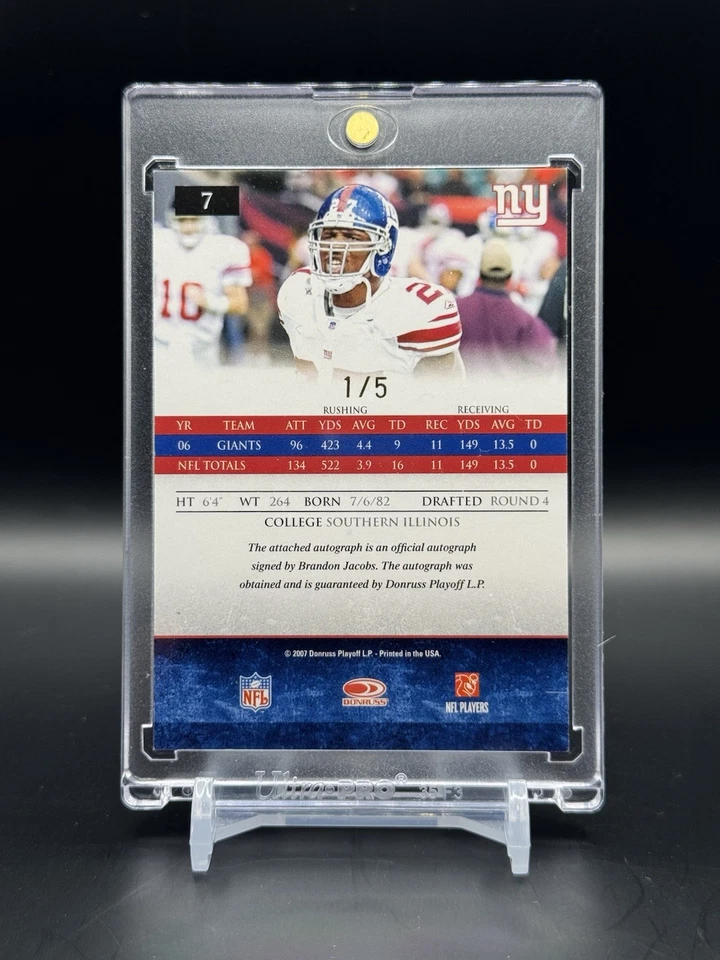 2007 Donruss Gridiron Gear Brandon Jacobs #7 Gold Signatures /5 (AU) - Image 2 of 2