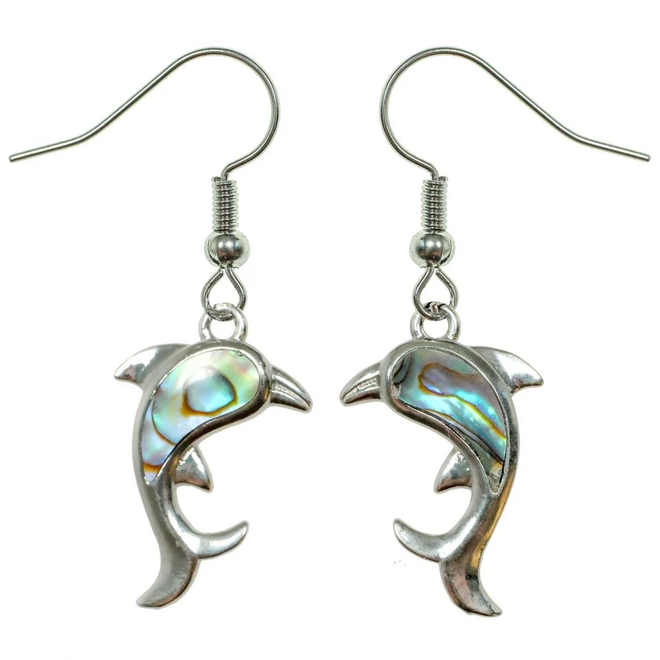 Boucles d'oreilles dauphin avec nacre abalone paua - Photo 1/1