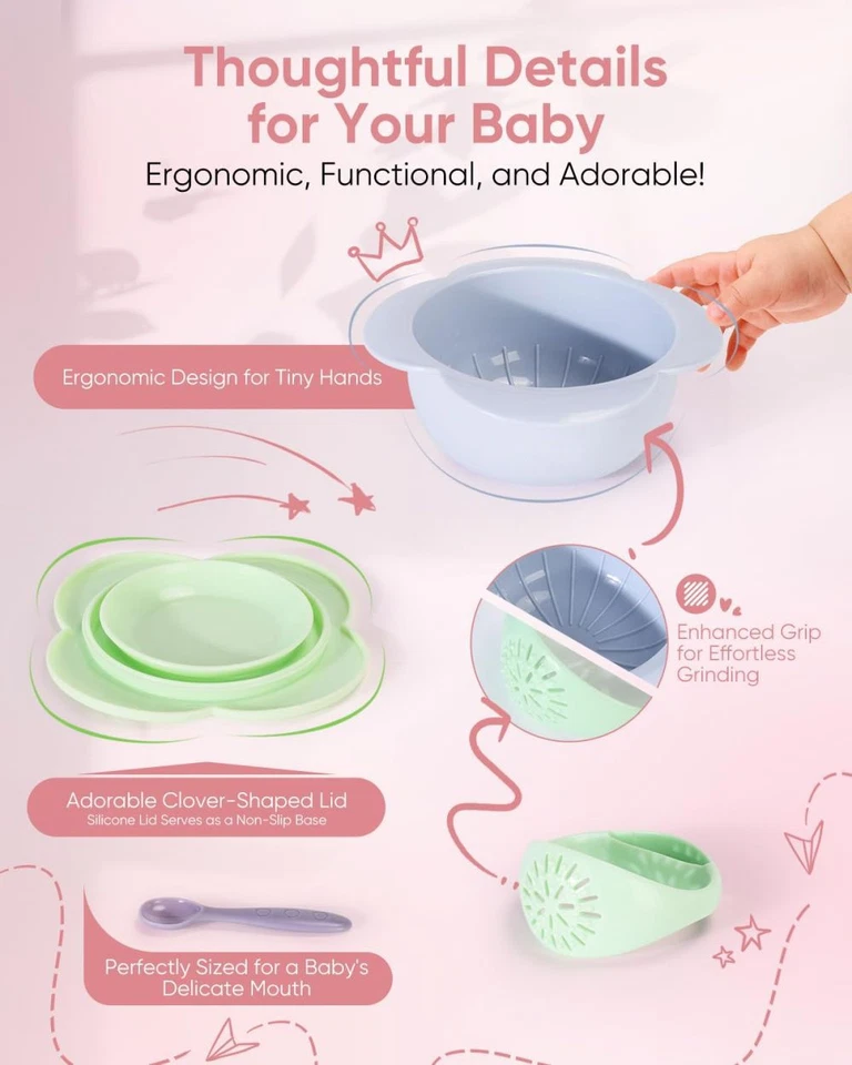 Tazón para puré y servir alimentos para bebés 2 en 1 tapa de cuchara y base antideslizante Foto 2 de 4