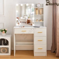 Vanity Desk w/ Mirror 10 LED Lights 4 Storage Drawers Makeup Vanity Table White