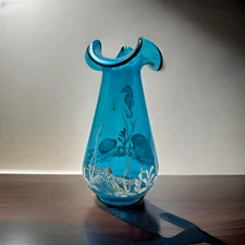 Signed Scott K. Fenton Hand Painted Blue Art Glass Vase Sea Life Seahors