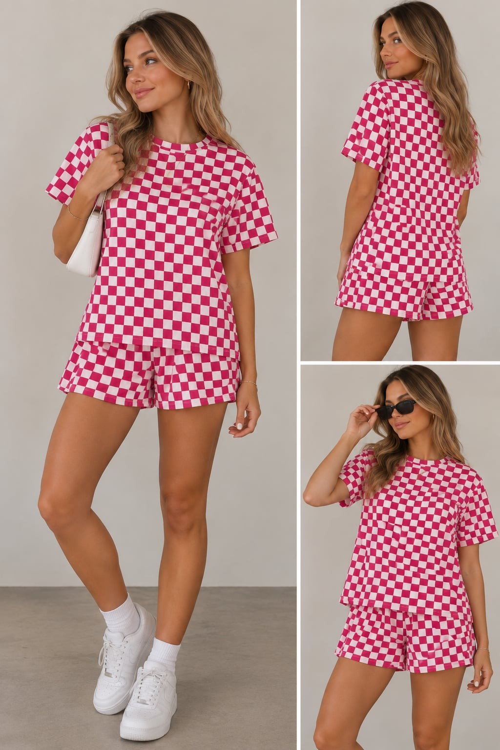 Pink and White Checkerboard Crop Top and Skort 2-Piece Set small new