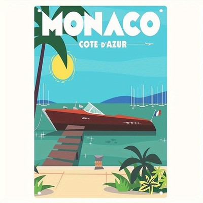 Vintage Monaco Cote D'Azur Beach Yacht Metal Tin Sign French Riviera Wall Decor