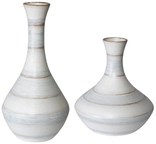 Uttermost Potter Striped Ivory Blue Ceramic Vases Set of 2 - Picture 2 of 5