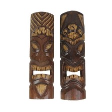 Set of 2 Hand Carved Wood Sun and Flower Polynesian Style Tiki Masks 20 Inches