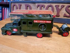 VERY NICE 1950's TIN  FRICTION CABLE REPAIR TRUCK WITH BOX