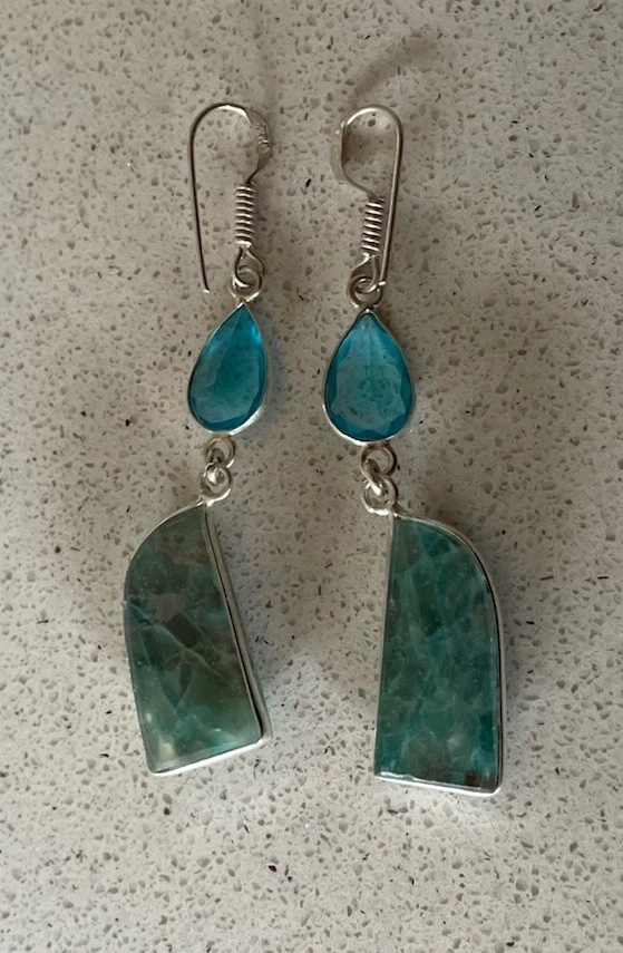 Azurite & Blue Topaz Handcrafted Gemstone earrings - 925 Silver Plated-New — 第 3/3 张图片