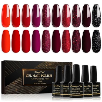 UV Nagellack Set, Rot, 10 Farben, Gel, langlebig, 8ml, Glitzer, Schellack
