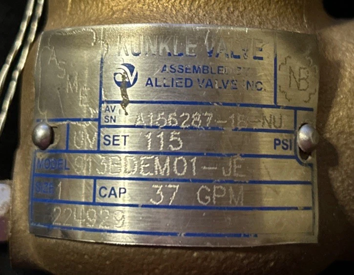 KUNKLE 1" 115 PSI PRESSURE RELIEF VALVE 913BDEM01-JE. NEW! FREE SHIPPING!    P9 - Image 3 of 3
