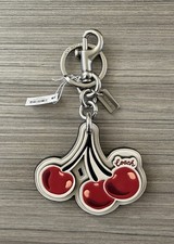 NWT Coach Leather Cherry Bag Charm Keychain Key Fob CZ092 Silver / Chalk Multi