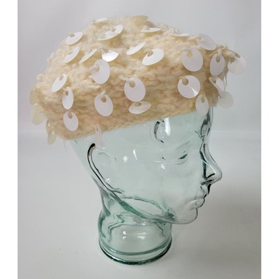 Vintage 1960s Hand Crocheted Virgin Wool Beret White Sequin Cream Made in Japan