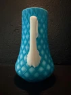 Vintage Blue Opalescent Glass Pitcher Diamond Quilt Pattern Milk Glass Handle MC