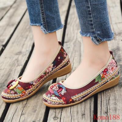Retro Womens spring slip on low heel Breathable flat casual comfy shoes