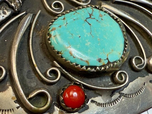 Nativo Americano Indio Navajo Oso Pluma Turquesa Coral Piedra De Colección Hebilla de Cinturón - Imagen 11 de 20