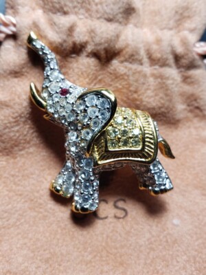 Swarovski Swan Signed Gold/Silver Tone Clear Crystals Elephant Brooch