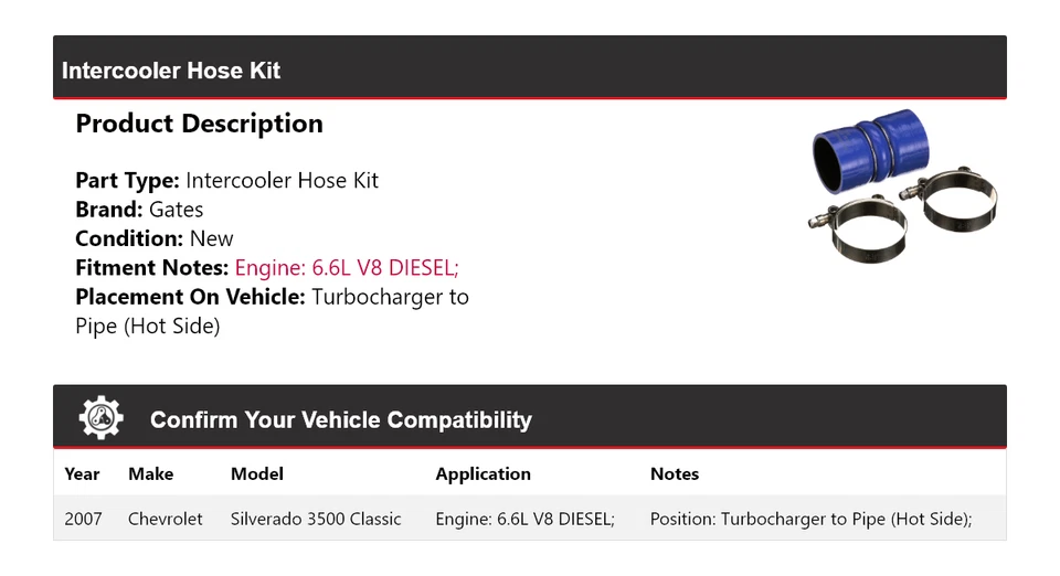 Kit de manguera intercooler clásico puertas Chevrolet Silverado 3500 2007 Foto 2 de 4