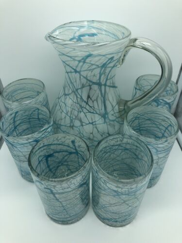 Beautiful Hand Blown Fused Threaded Art Glass Pitcher With 6 Cups - Picture 4 of 12