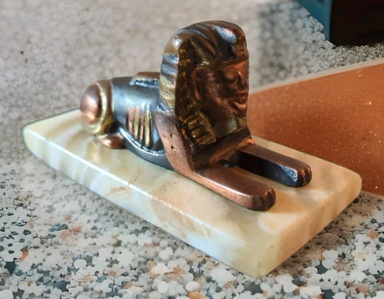 VTG Cast Egyptian Sphinx Copper Brass Bronze Colored Figurine on Marble Base
