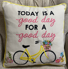 Today is a Good Day Pillow Embroidered Spring Bicycle Flowers Square 18"x18"