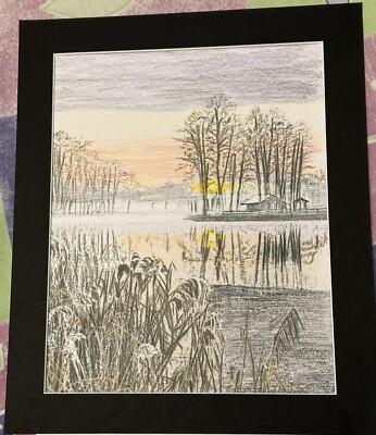 Mark Leary Art Buntstift kalt frostig Sonnenuntergang Teich