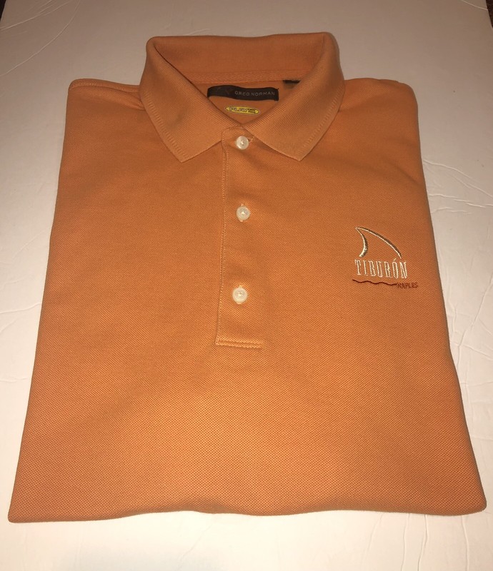 Greg Norman Play Dry Orange Golf Shirt Tiburon Logo Sz M