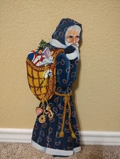 Vtg Hand Painted Primitive Santa Blue Coat 18"  Flat Wood Grandma Decor Cottage
