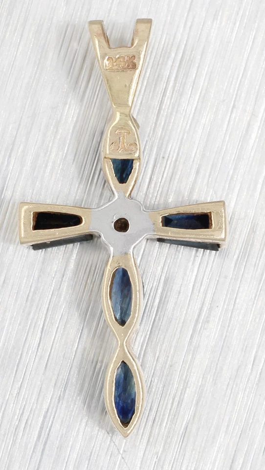 Vintage 0.50ctw Blue Sapphire & Diamond Cross Pendant - 14k Yellow Gold Charm - Image 2 of 4