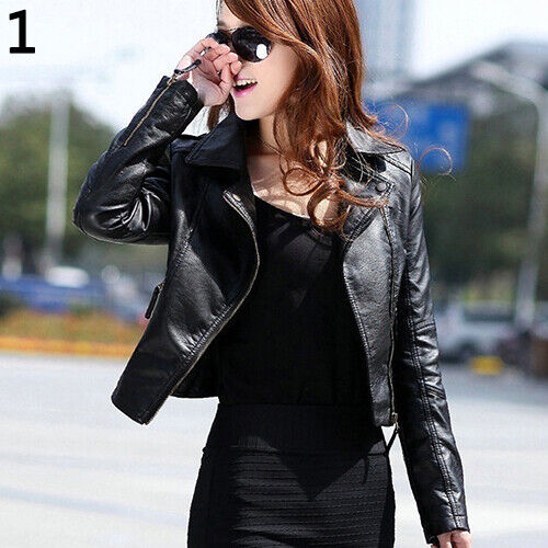 Punk Women Faux Leather Motorcycle Zipper Fashion Slim Fit Jacket Outwear Coat 3 - Picture 1 of 9