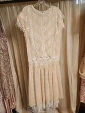 Vintage Light Pink Jessica Mcclintock Drop Waist Dress with White Lace size 10