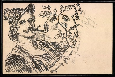 Postcard Bavarian costume, young man from the Dengleralm with pipe 