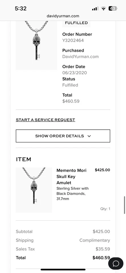 David Yurman Memento 森骷髅钥匙吊坠,纯银,黑色钻石 — 第 3/4 张图片