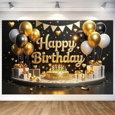 Luxurious Black Gold Happy Birthday Backdrop Banner Black Gold Photography Ba...