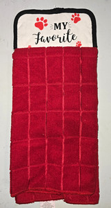 2-Pack Cotton Hand Towels w/ Hanging Loop, Paw Print Black/Red "My Favorite"